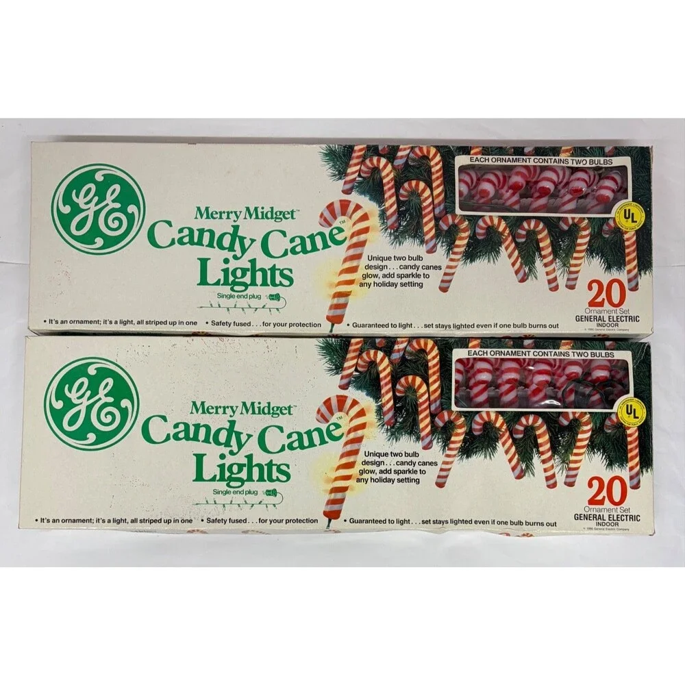 Vtg GE Merry Midget Blow Mold Candy Cane String Light Set 2 Sets Christmas Light